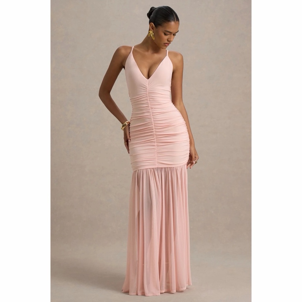 Club L London Pasqualina Pink Ruched Plunge-Neck Maxi Dress
